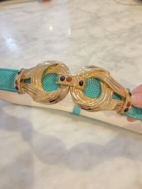 Judith Leiber Gold-Tone Linked Buckle Belt with Teal Strap and Multicolor Stones